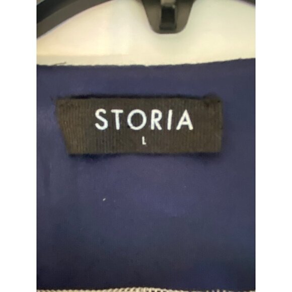 Storia Lace Dress with Plunging Sheer Neckline and Short Sleeves Navy Blue Size - Picture 7 of 12